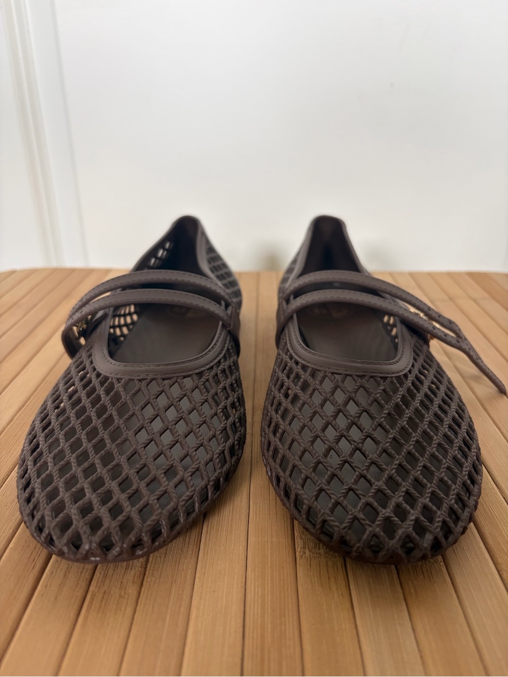 Women’s Brown Mesh Mary Jane Flats with Strap
